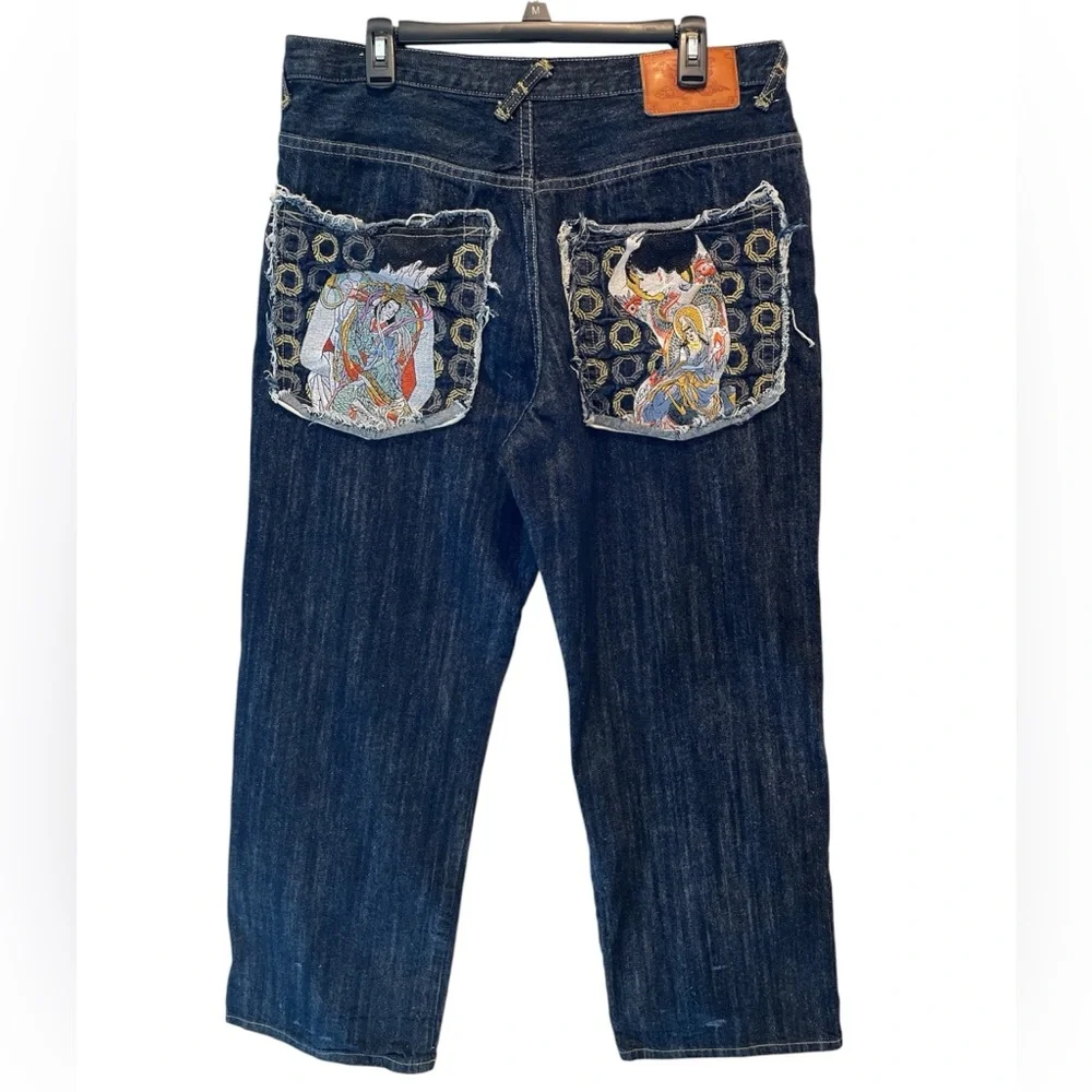 Kanji Premium Vintage Men’s Embroidered Dark Wash Jeans Men’s Y2K Size 36x32
